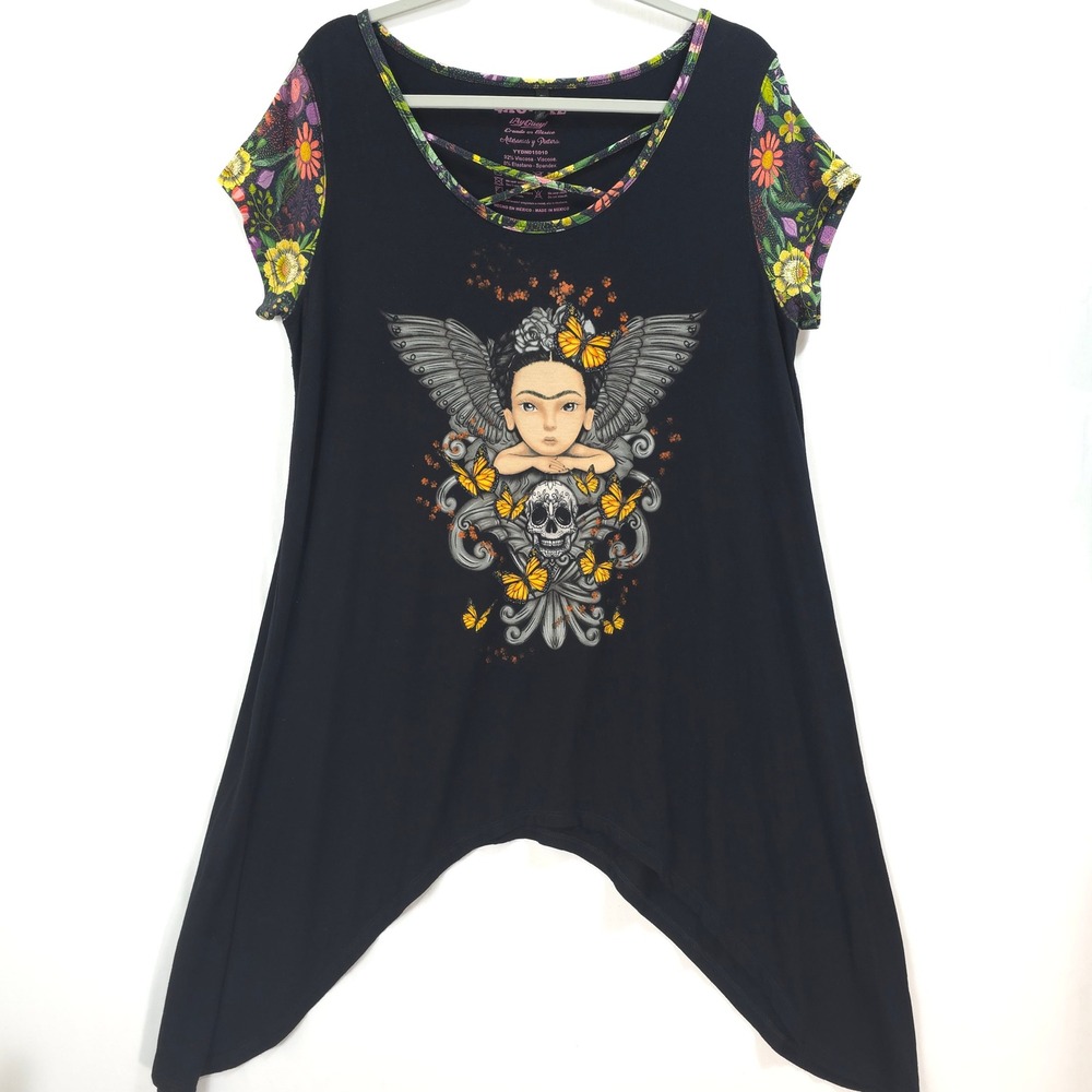 Ay Guey Frida Kahlo Butterfly Graphic Tunic Top Sharkbite Women 4XL Black Mexico